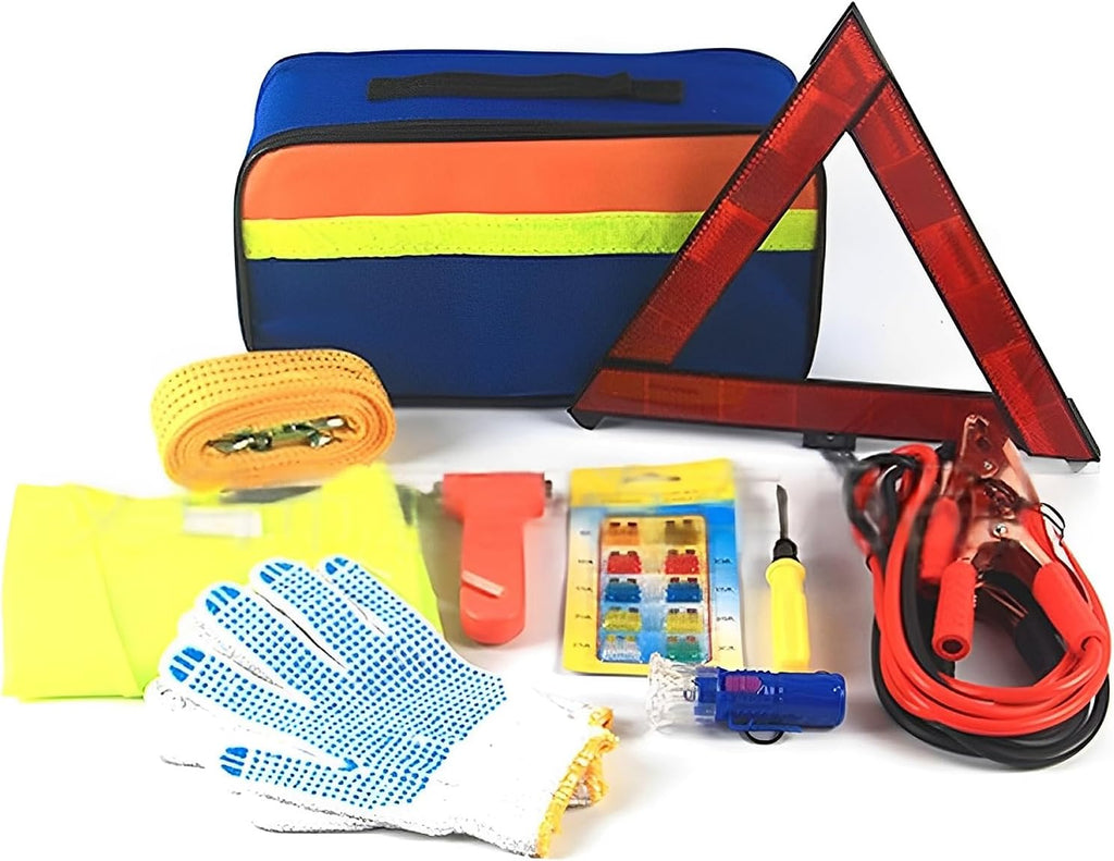 Car Emergency Breakdown Safety Kit 10-In-1 Vehicle Europe Roadside Assistance Travel Kit with Jump Leads, Tow Rope, Warning Triangle, Hi-Vis Vest, Emergency Hammer Etc