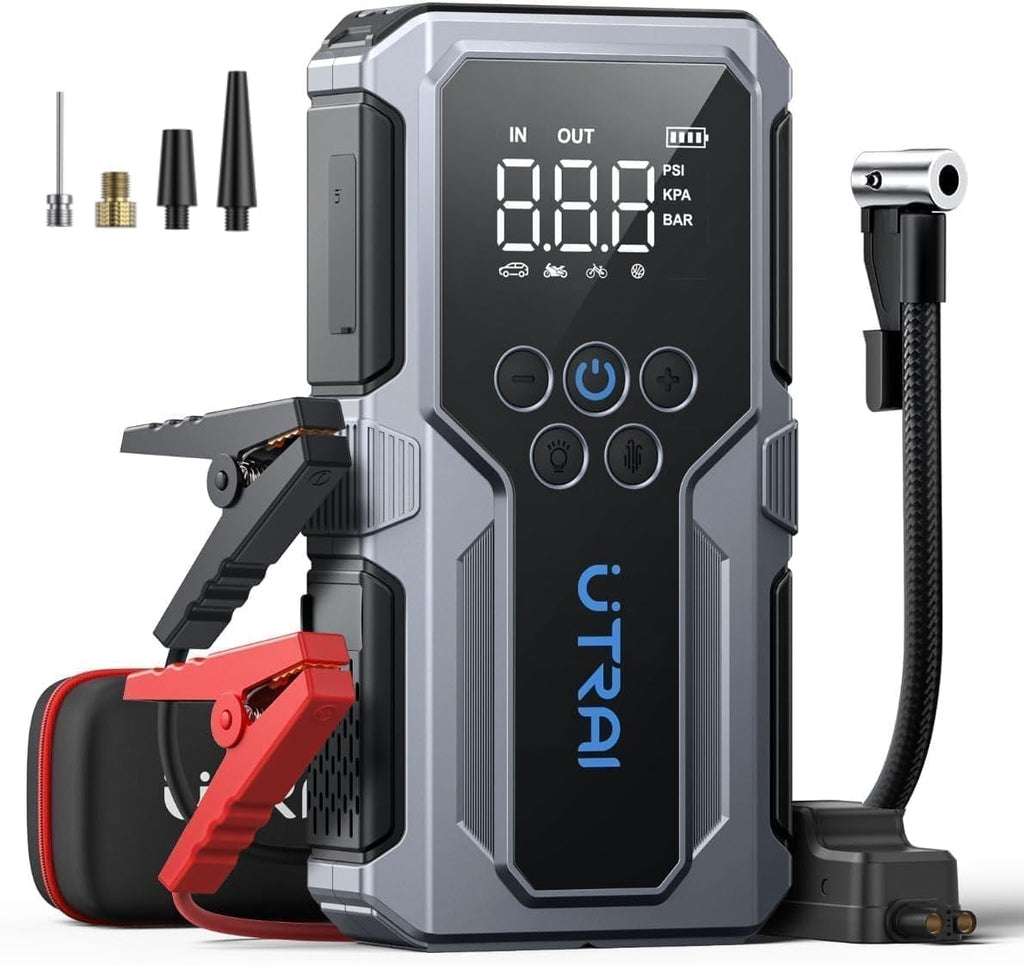 Car Battery Booster Jump Starters with 150PSI Air Compressor/18W Fast Charging/Led Flashlight,Jump Starter Power Pack,Portable Powerbank Charger,Jump Leads for 8.5L Gas/6.5L Diese