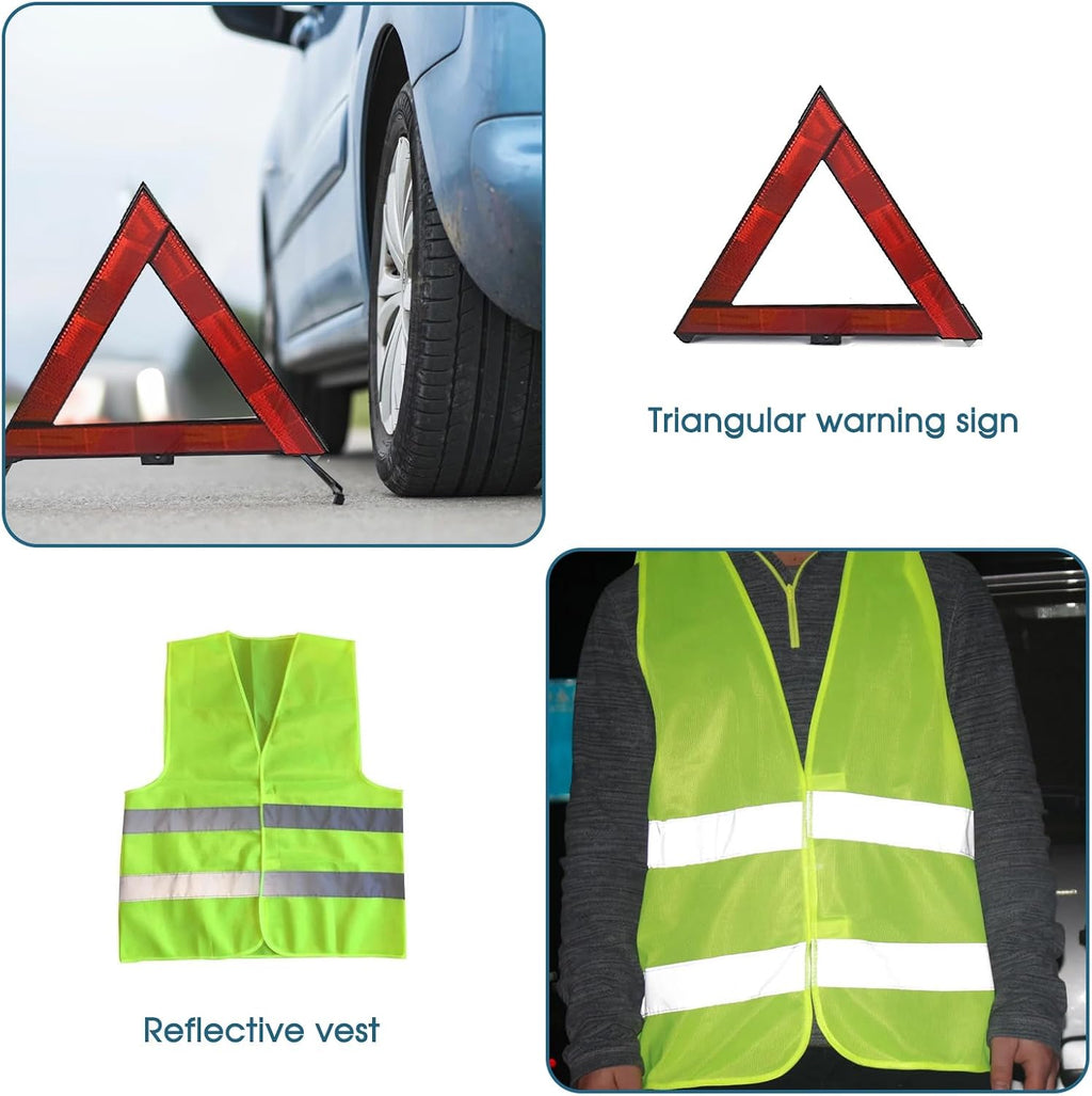 Car Emergency Breakdown Safety Kit 10-In-1 Vehicle Europe Roadside Assistance Travel Kit with Jump Leads, Tow Rope, Warning Triangle, Hi-Vis Vest, Emergency Hammer Etc