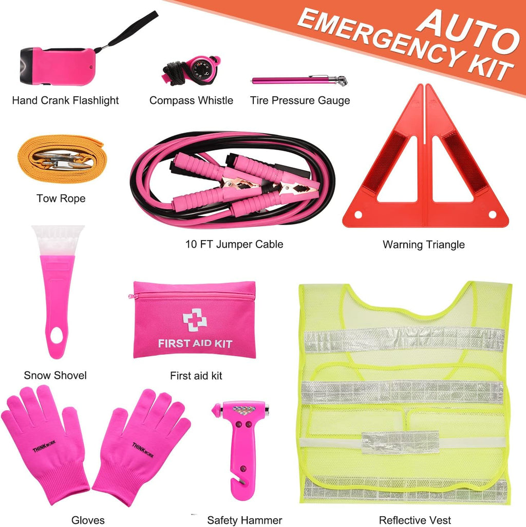 Car Emergency Kit for Teen Girl and Lady'S Gifts, Pink Emergency Roadside Assistance Kit with 10FT Jumper, First Aid Kit, Safety Hammer, Tow Rope, and More Pink Car Accessories Tool