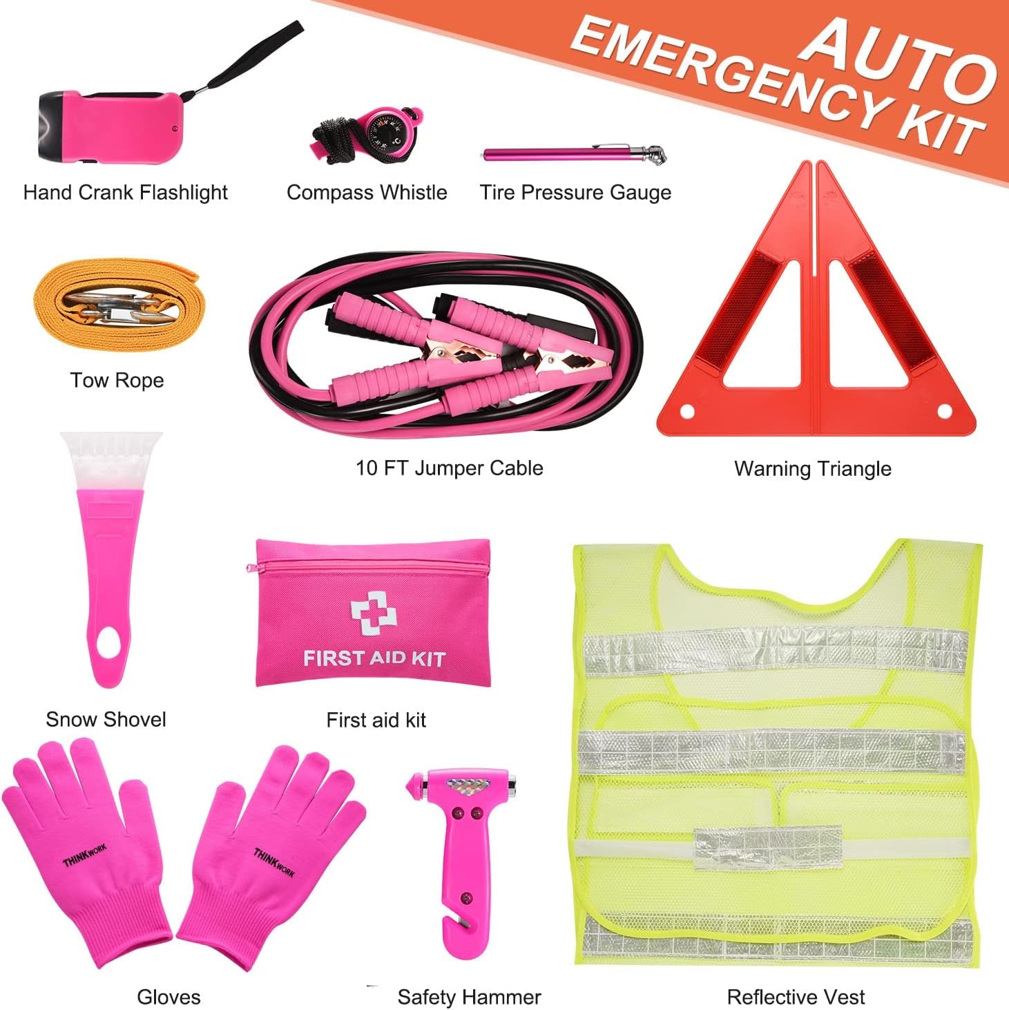 Car Emergency Kit for Teen Girl and Lady'S Gifts, Pink Emergency Roadside Assistance Kit with 10FT Jumper, First Aid Kit, Safety Hammer, Tow Rope, and More Pink Car Accessories Tool