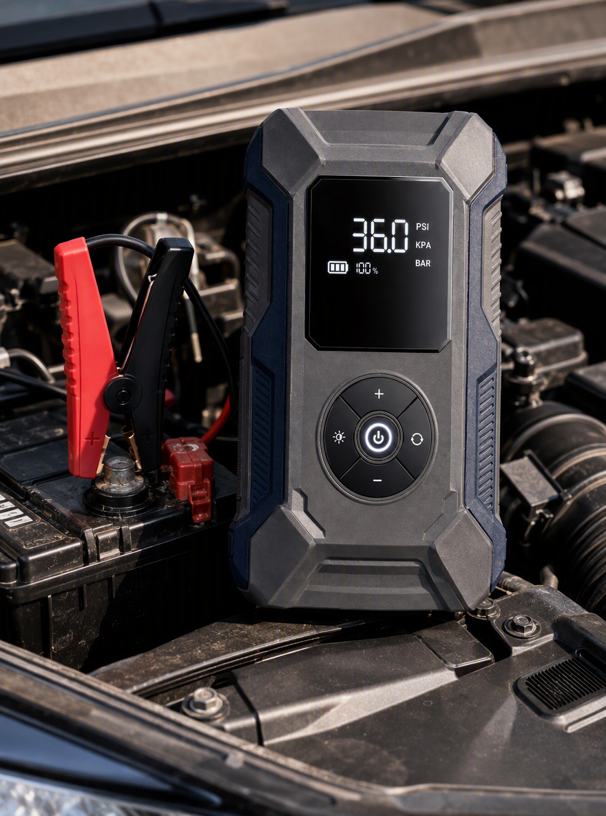 RoadGuard Pro jumper clamps connected to a car battery