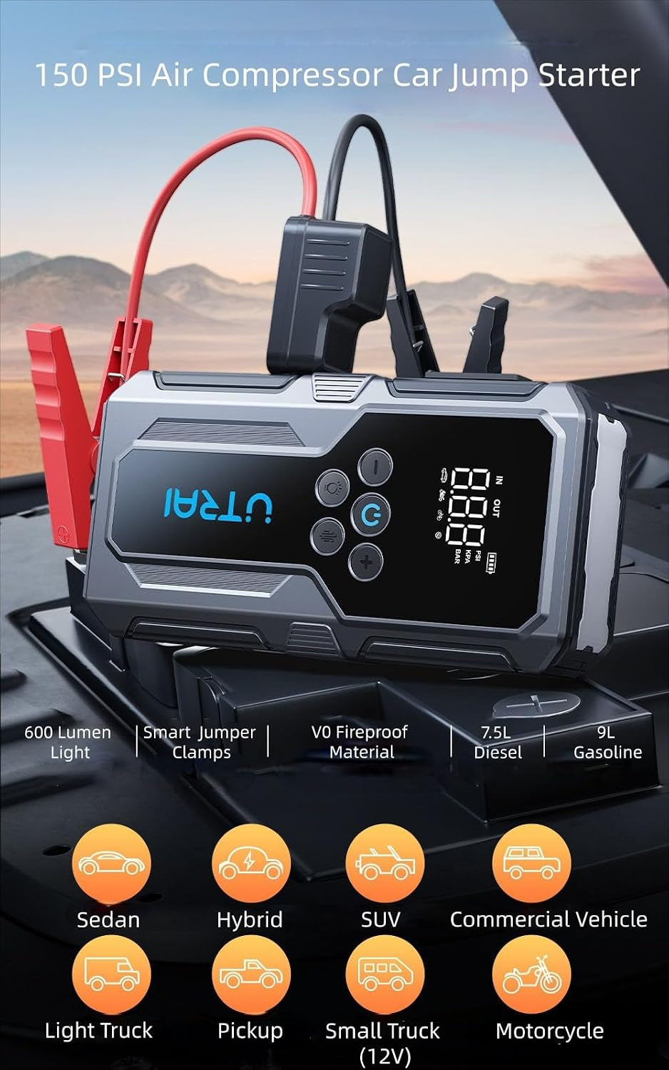 Car Battery Booster Jump Starters with 150PSI Air Compressor/18W Fast Charging/Led Flashlight,Jump Starter Power Pack,Portable Powerbank Charger,Jump Leads for 8.5L Gas/6.5L Diese