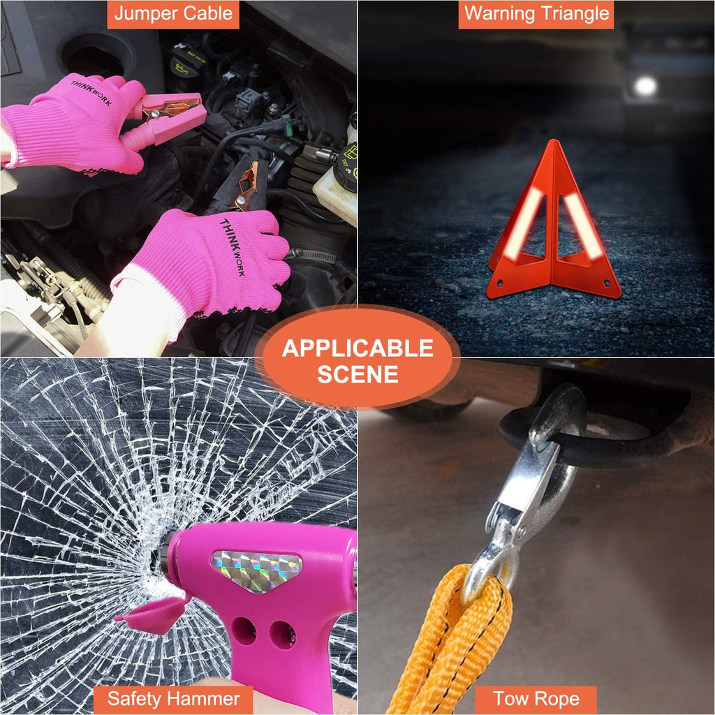 Car Emergency Kit for Teen Girl and Lady'S Gifts, Pink Emergency Roadside Assistance Kit with 10FT Jumper, First Aid Kit, Safety Hammer, Tow Rope, and More Pink Car Accessories Tool