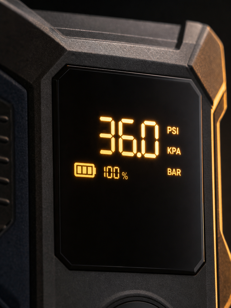 Close-up of RoadGuard Pro LCD display showing PSI and battery percentage