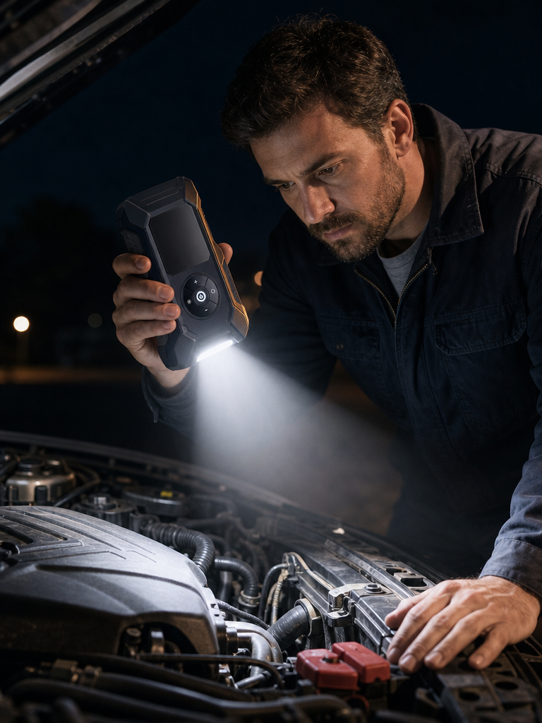 Man using RoadGuard Pro as a flashlight under a car hood at night