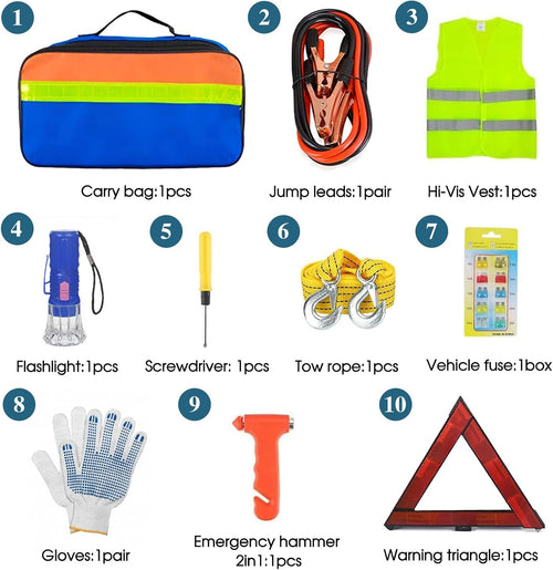 Car Emergency Breakdown Safety Kit 10-In-1 Vehicle Europe Roadside Assistance Travel Kit with Jump Leads, Tow Rope, Warning Triangle, Hi-Vis Vest, Emergency Hammer Etc