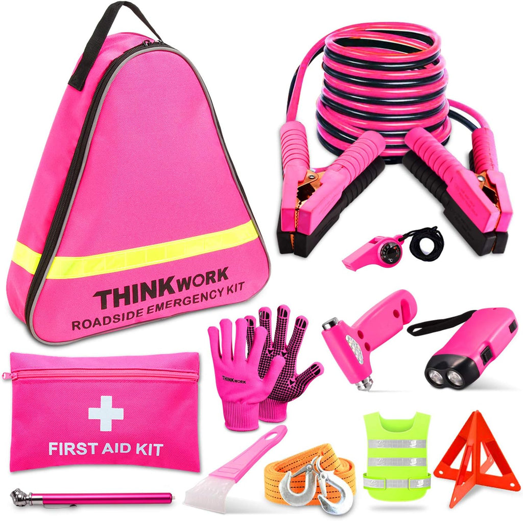 Car Emergency Kit for Teen Girl and Lady'S Gifts, Pink Emergency Roadside Assistance Kit with 10FT Jumper, First Aid Kit, Safety Hammer, Tow Rope, and More Pink Car Accessories Tool