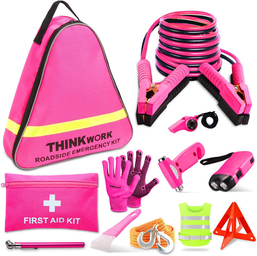 Car Emergency Kit for Teen Girl and Lady'S Gifts, Pink Emergency Roadside Assistance Kit with 10FT Jumper, First Aid Kit, Safety Hammer, Tow Rope, and More Pink Car Accessories Tool