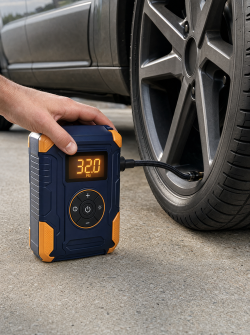 RoadGuard Pro air compressor inflating a car tyre, PSI display glowing amber