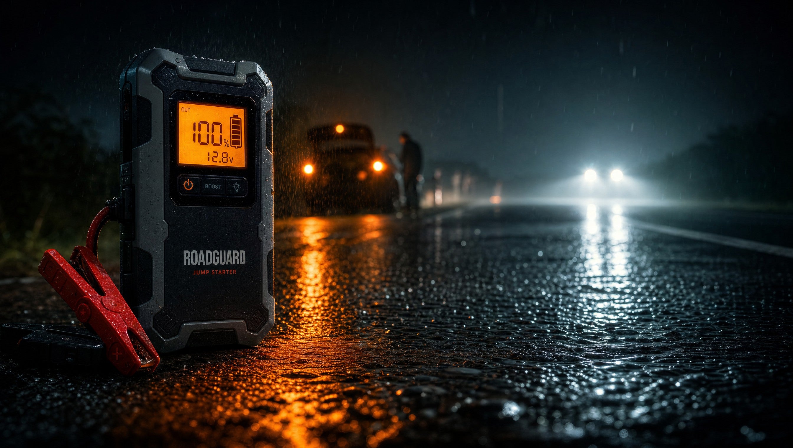 RoadGuard jump starter on a rainy UK roadside at night
