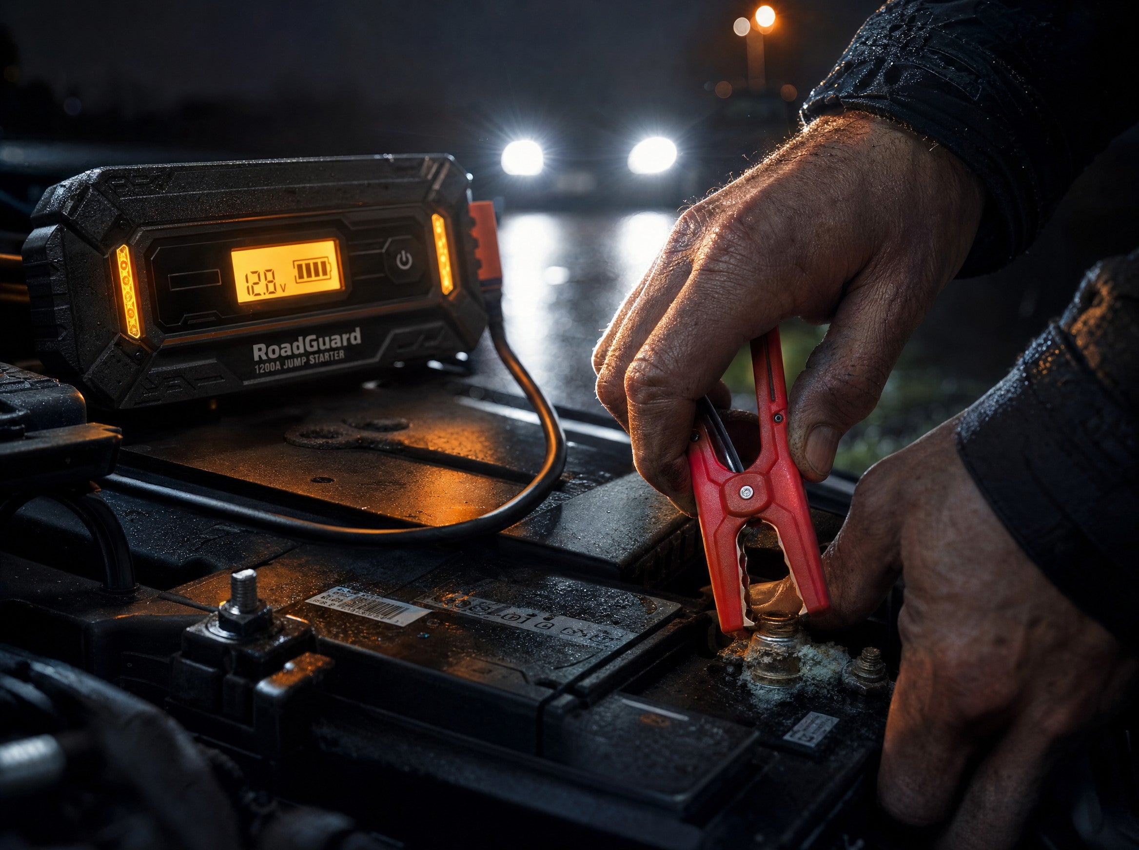 Hands connecting RoadGuard jumper clamps to a car battery at night