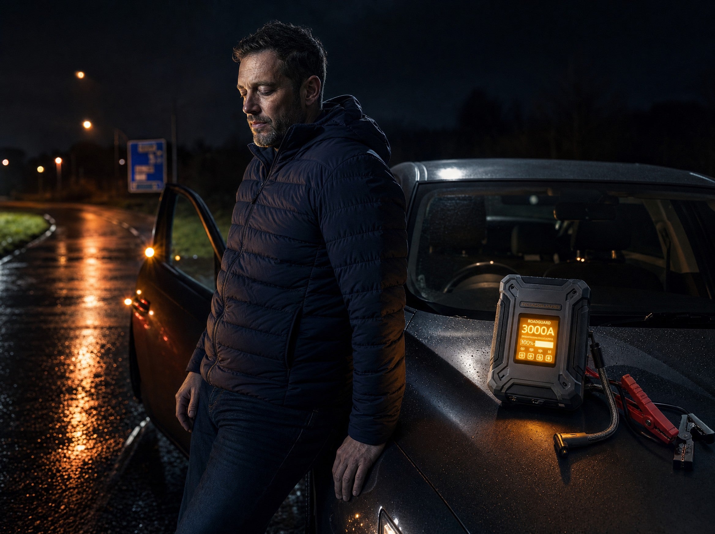 Relieved driver beside their car after using RoadGuard